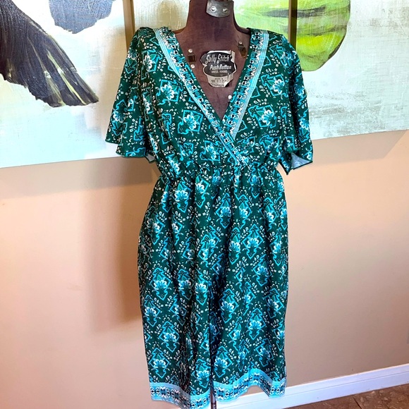 SHEIN curve Teal Aqua boho floral print Fit n' Flare Dress elastic waist sz XL - Picture 1 of 10